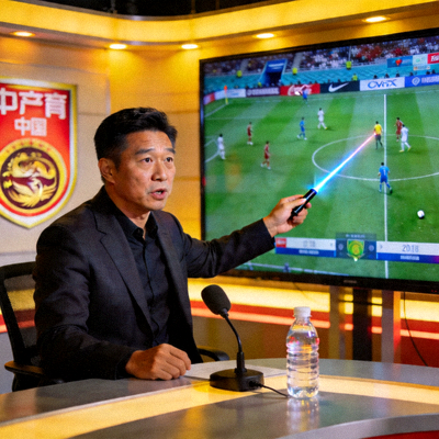 前国脚李毅在演播室认真讲解画面